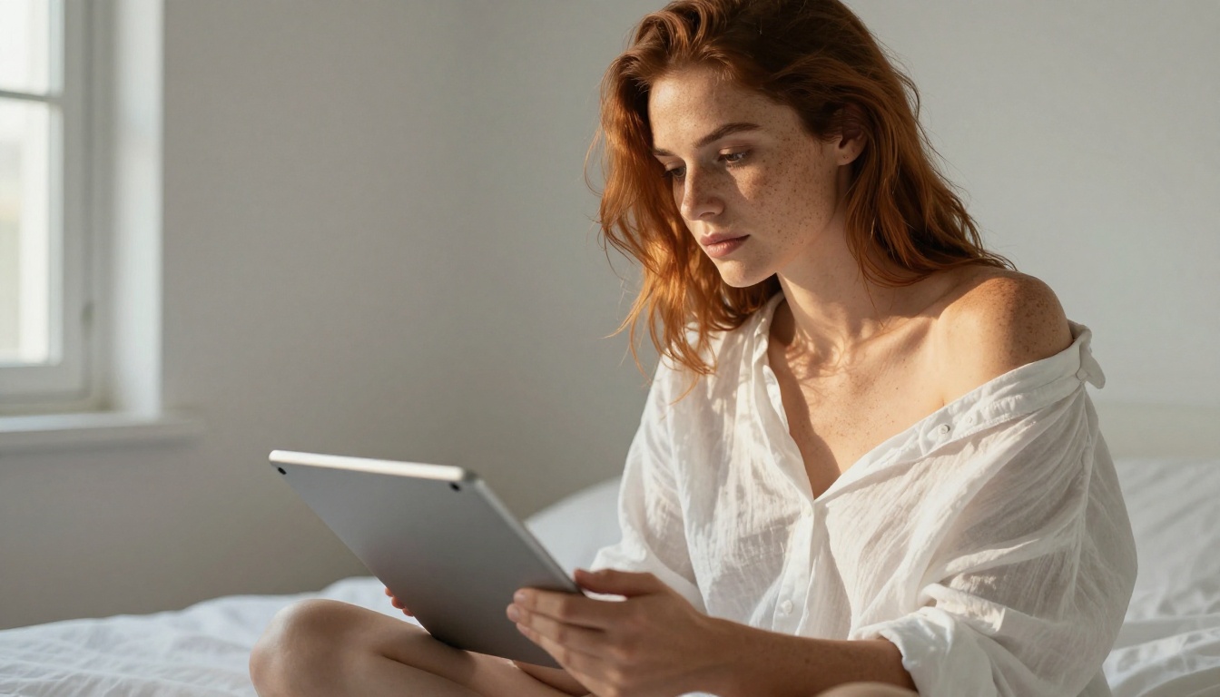A stylish European woman with auburn hair sitting cross-legged on a white bed, holding a tablet, off-shoulder linen top, morning light, 35mm lens, natural textures A stylish European woman with auburn hair sitting cross-legged on a white bed, holding a tablet, off-shoulder linen top, morning light, 35mm lens, natural textures