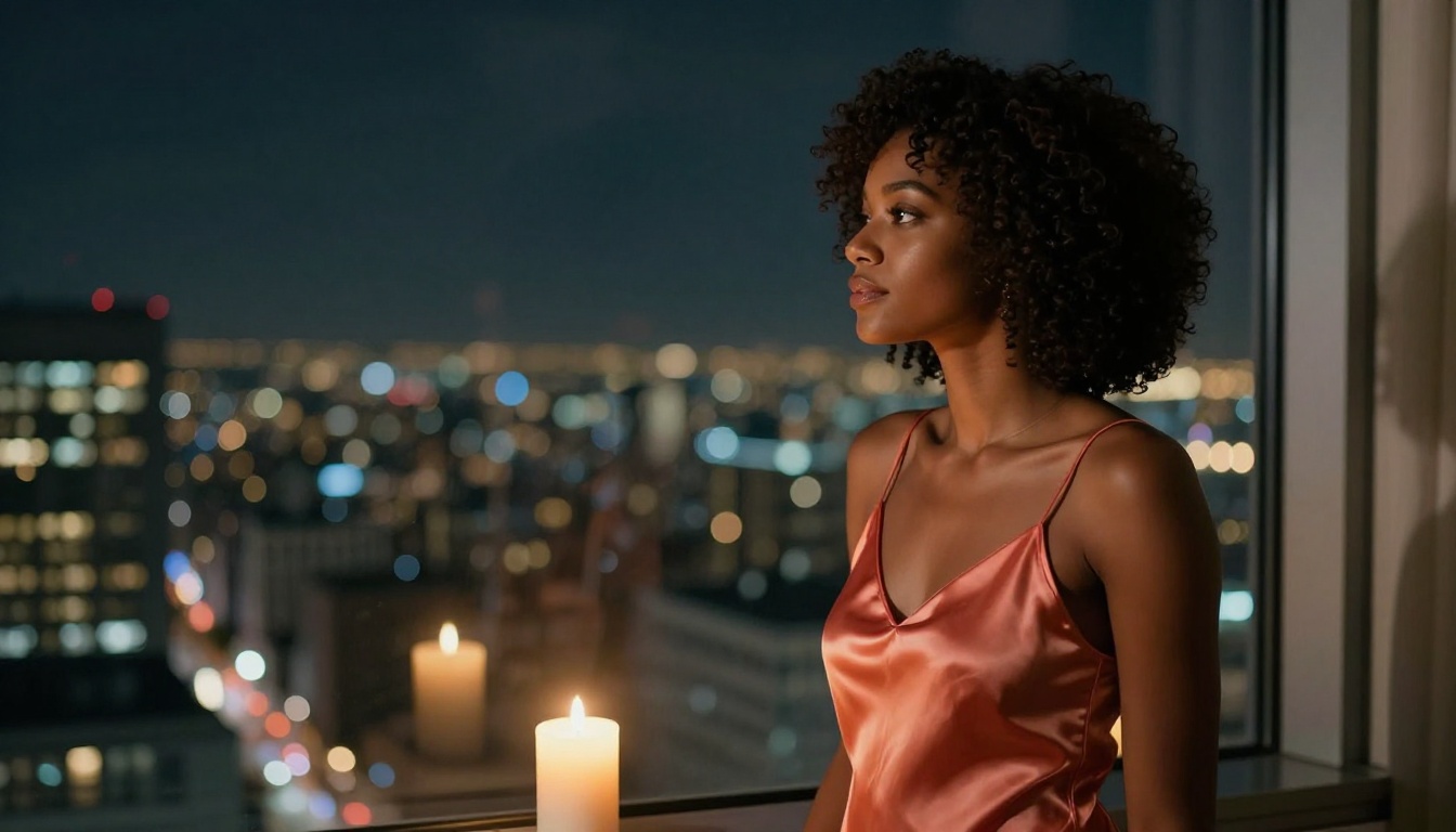An attractive Black woman with natural curls in a silk coral dress standing by a floor-to-ceiling window, city skyline at night, candlelight, side-profile, 85mm f/1.2 An attractive Black woman with natural curls in a silk coral dress standing by a floor-to-ceiling window, city skyline at night, candlelight, side-profile, 85mm f/1.2
