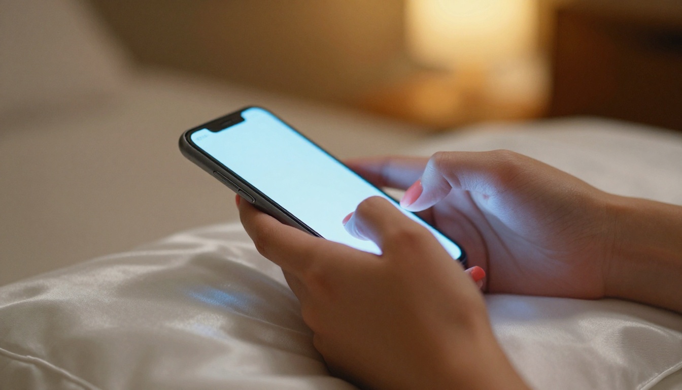Extreme close-up of a woman's hands with coral nails holding a glowing smartphone, cool blue screen light on her wrist, satin pillow background, macro 100mm lens Extreme close-up of a woman's hands with coral nails holding a glowing smartphone, cool blue screen light on her wrist, satin pillow background, macro 100mm lens