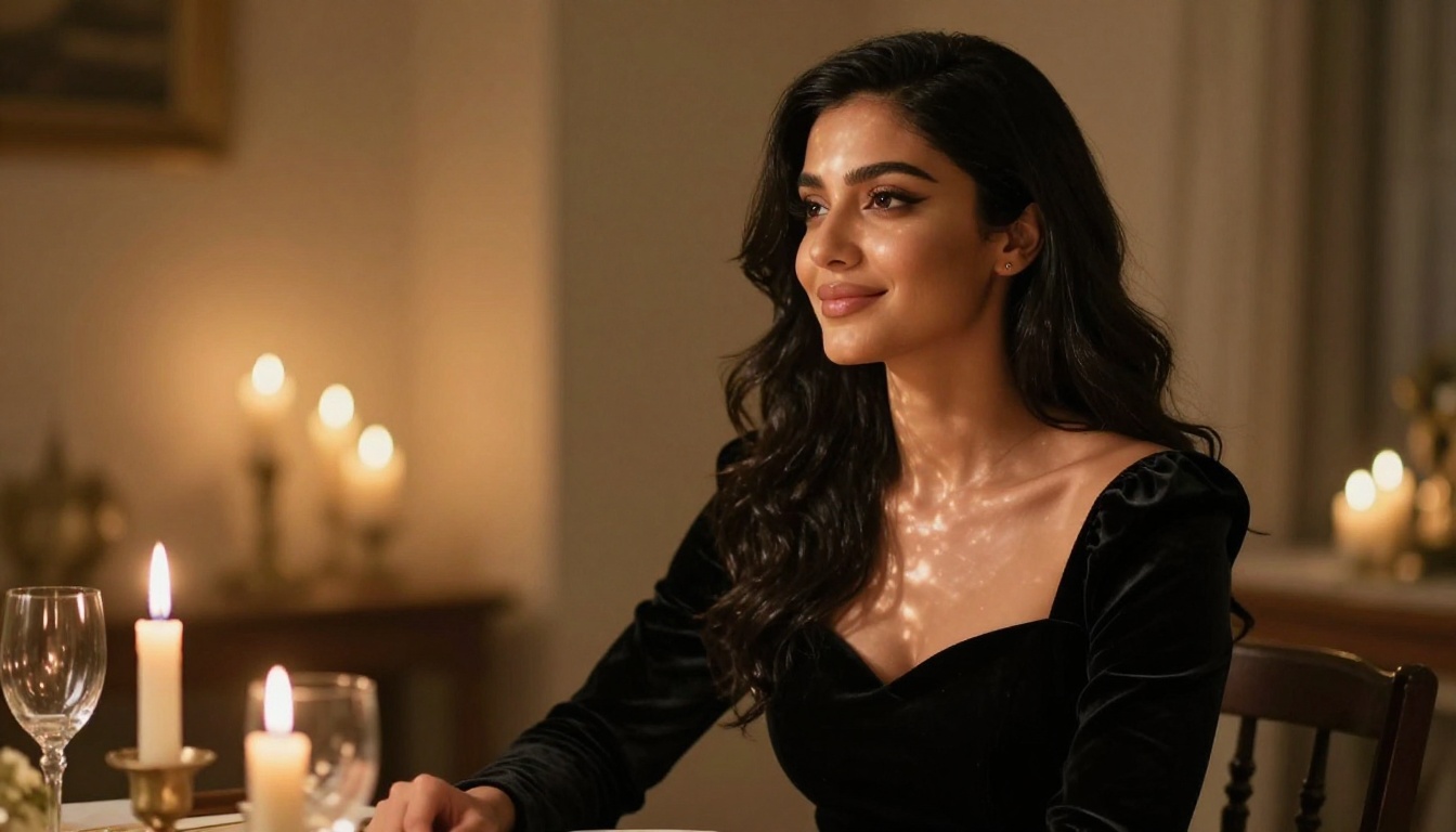 A beautiful Middle Eastern woman in an off-shoulder black velvet dress, seated at a candlelit dinner table for one, looking upward with a warm smile, 50mm f/1.4, dancing candlelight A beautiful Middle Eastern woman in an off-shoulder black velvet dress, seated at a candlelit dinner table for one, looking upward with a warm smile, 50mm f/1.4, dancing candlelight