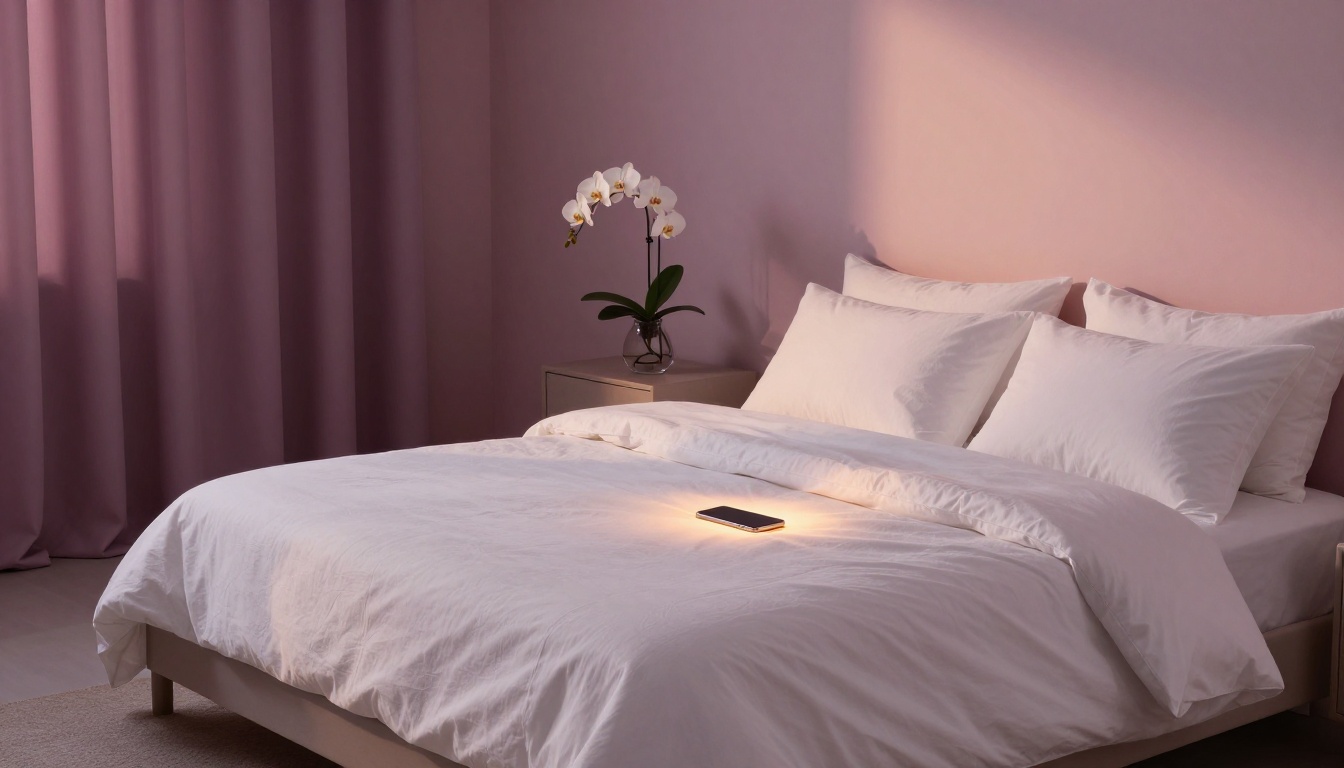 Atmospheric wide shot of a minimalist bedroom at twilight, white linen bed with a glowing smartphone on the pillow, white orchid on nightstand, mauve curtains, warm ambient light Atmospheric wide shot of a minimalist bedroom at twilight, white linen bed with a glowing smartphone on the pillow, white orchid on nightstand, mauve curtains, warm ambient light
