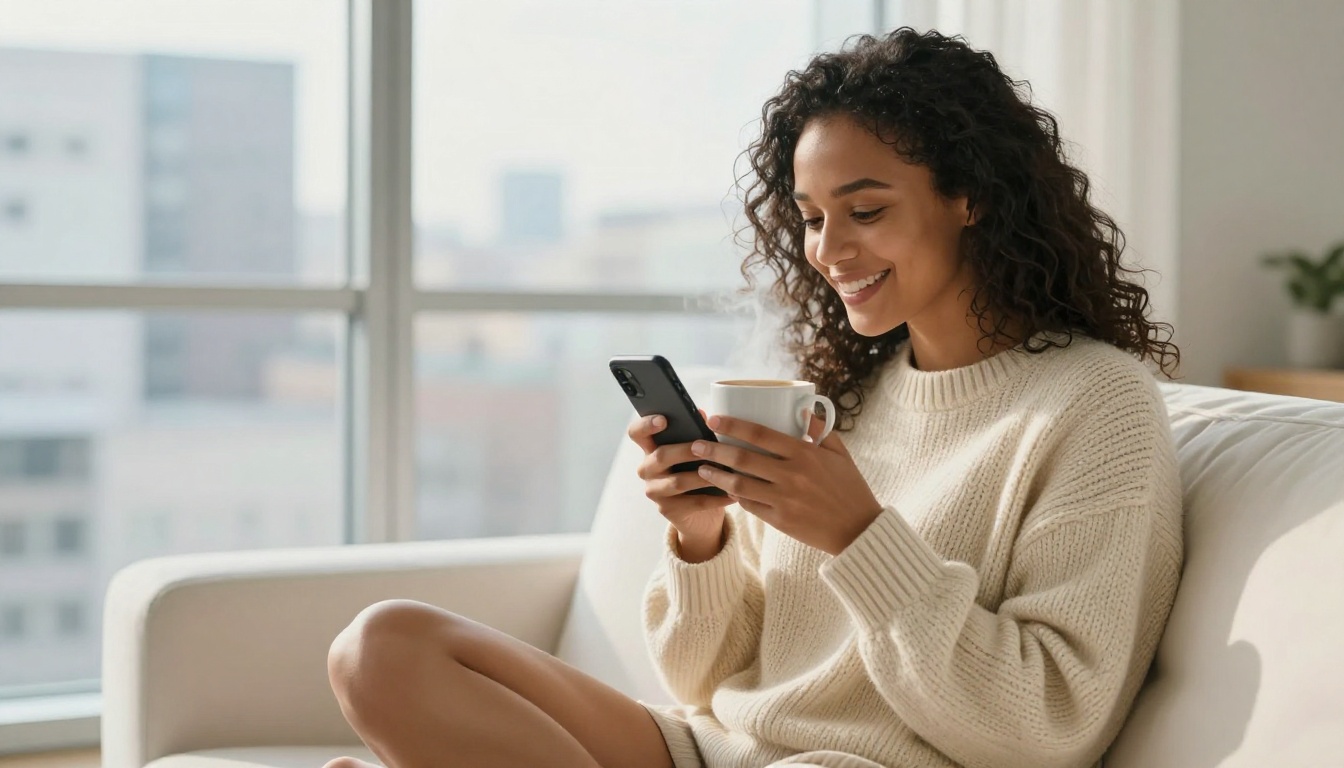A beautiful woman sitting by morning light smiling warmly at her phone with a steaming coffee mug
