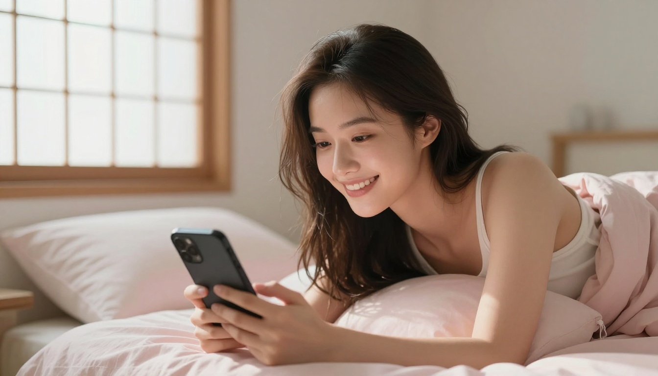 Beautiful Asian woman waking up in a minimalist Japanese-style bedroom propping herself on one elbow to smile at her glowing phone