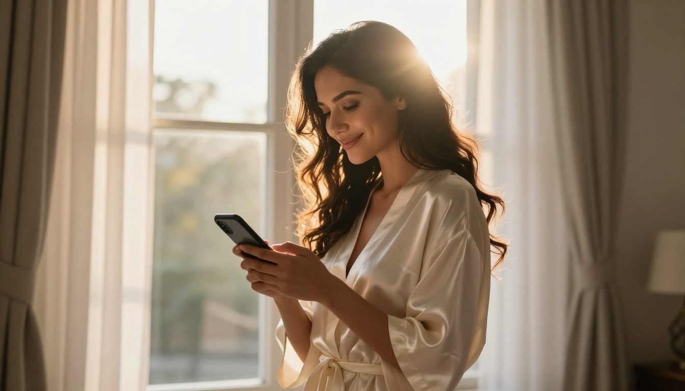 Stunning Latina woman in ivory silk robe standing by bedroom window with morning backlight glow looking at her phone