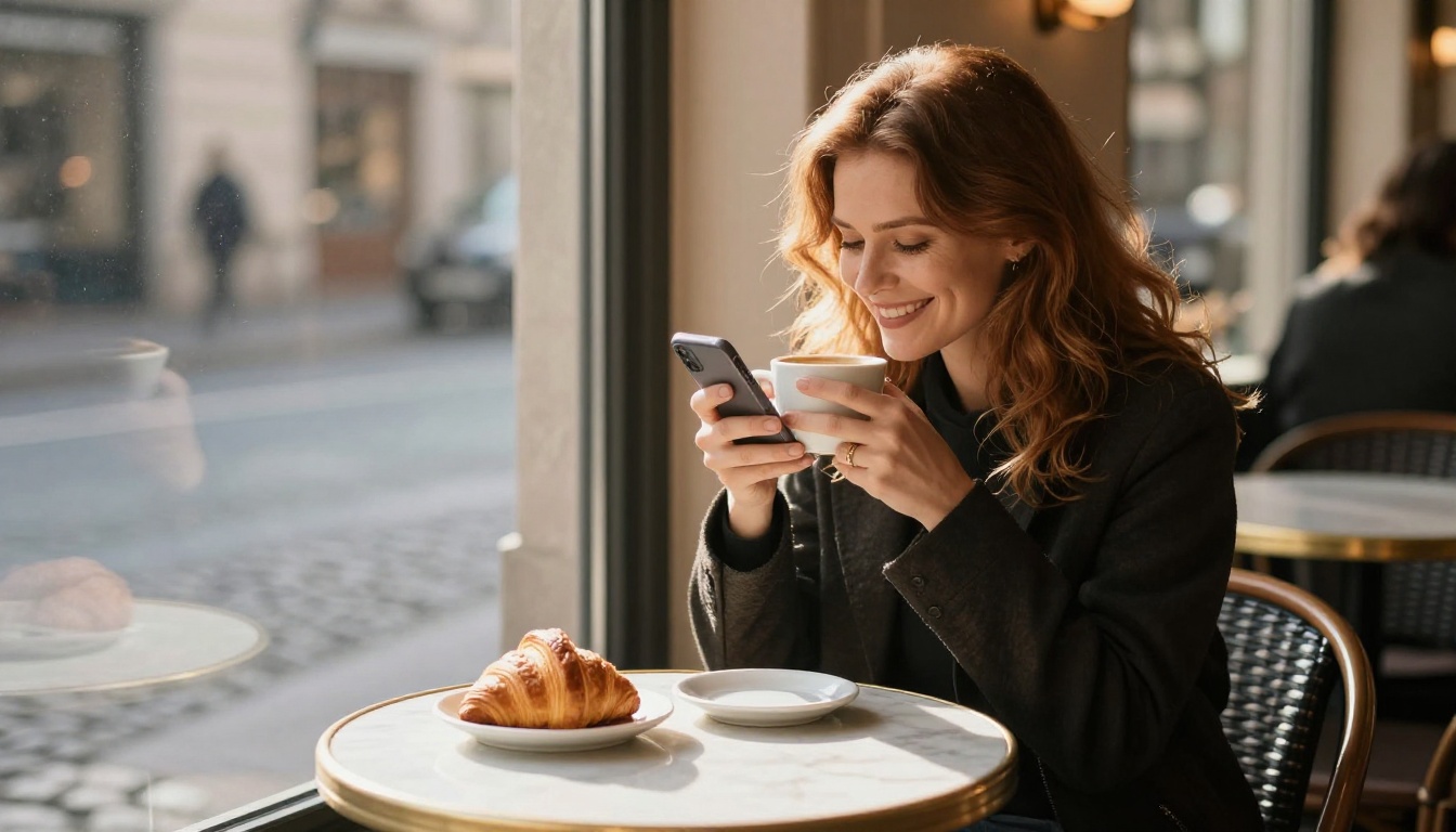 Elegant European woman with auburn hair smiling at her phone over a croissant and coffee at a sunlit café window