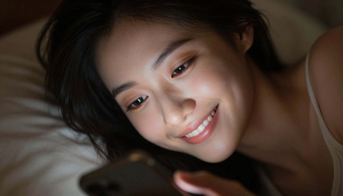 Close-up portrait of a beautiful woman's face with sparkling eyes softly illuminated by warm phone glow in early morning bedroom light