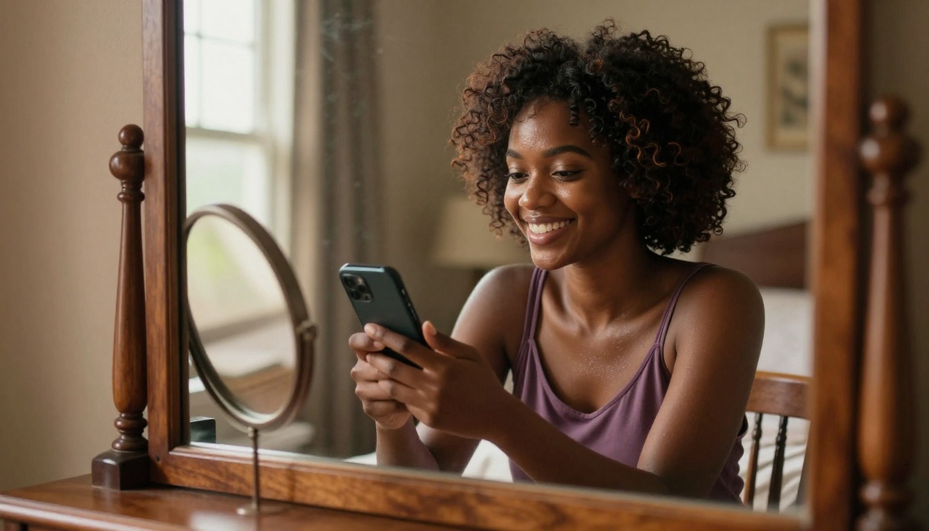 Beautiful African woman sitting at her vanity smiling brightly at her phone with natural curly hair in warm amber morning light