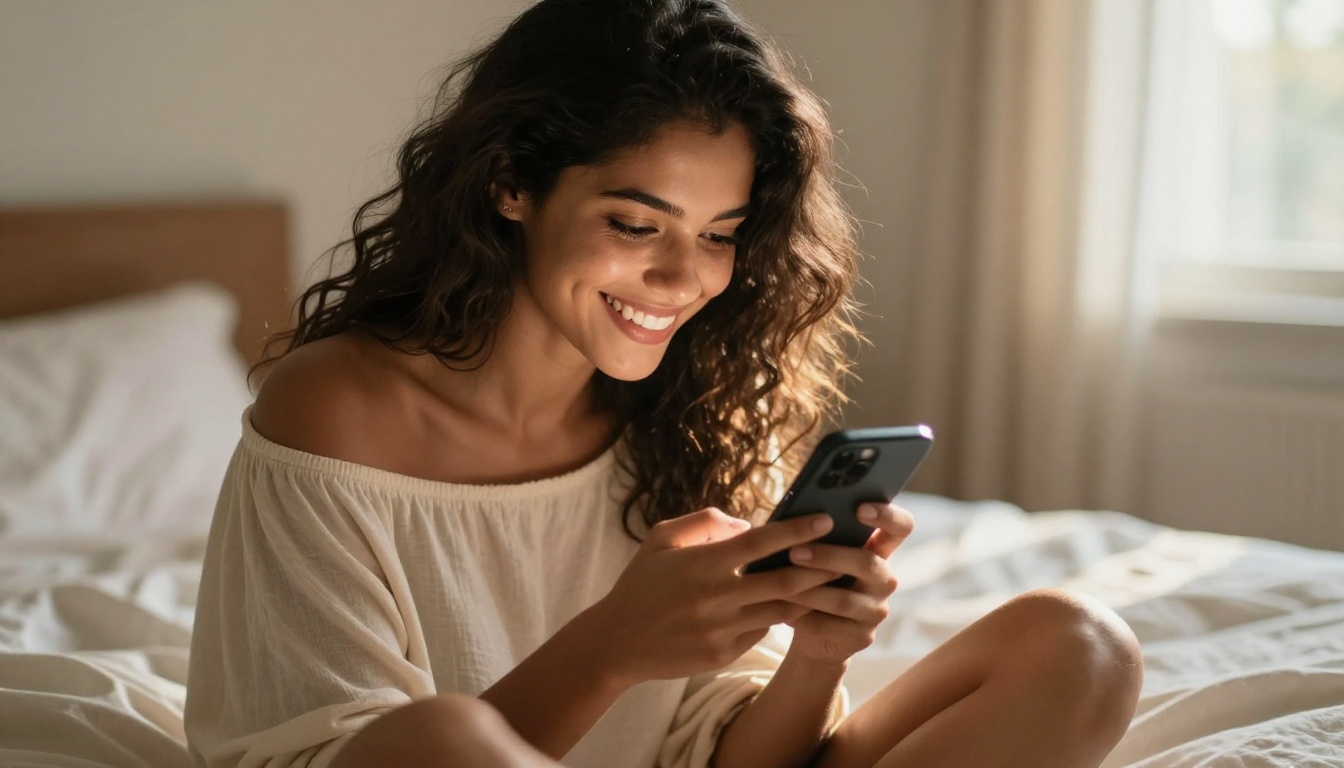 A beautiful young Latina woman smiling warmly at her phone while sitting cross-legged on a cream linen bed in soft morning sidelight