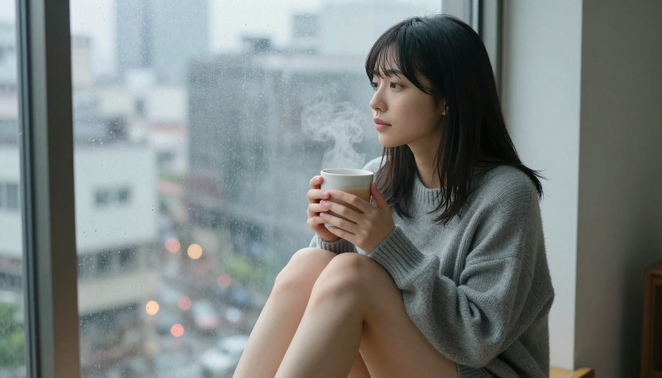 A beautiful young Japanese woman in an oversized grey sweater sitting on an apartment window ledge, cradling a mug, gazing at a rainy city with a contemplative serene expression