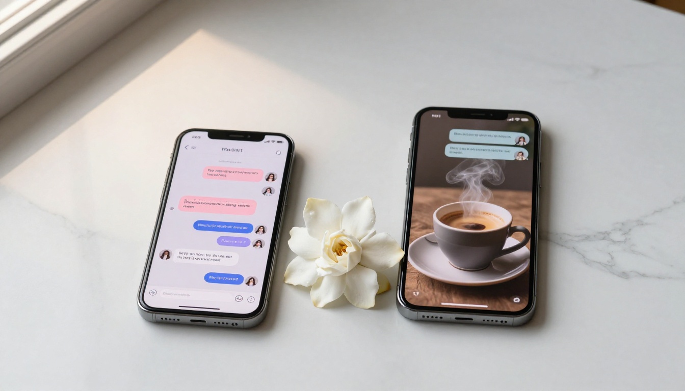 Aerial flat-lay of two smartphones on white marble with AI chat bubbles, espresso cup, and white gardenia in morning light