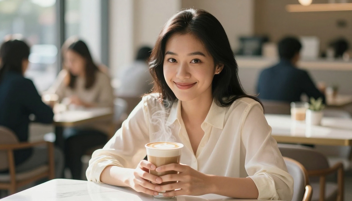 A young Asian woman smiling warmly while enjoying a private conversation at a cafe, holding a latte in both hands