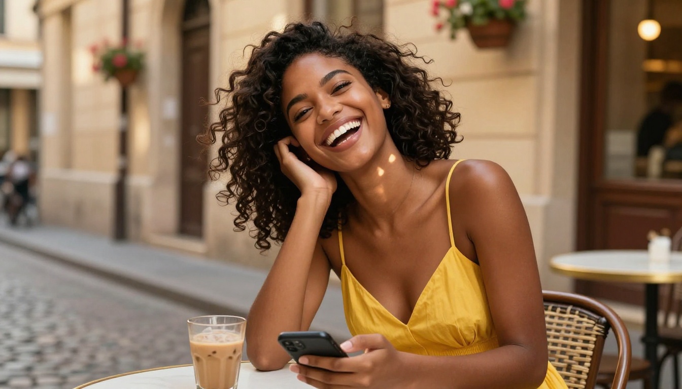 A stunning Black woman with natural coily hair laughing freely at an outdoor cobblestone cafe, golden afternoon light across her collarbone