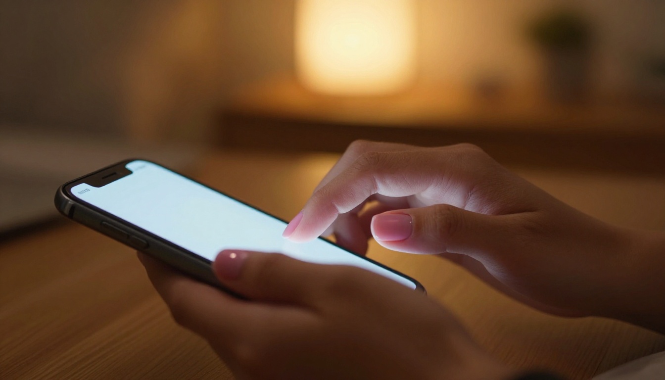 Elegant feminine hands with manicured nails typing on a glowing smartphone screen, intimate private chat atmosphere at night