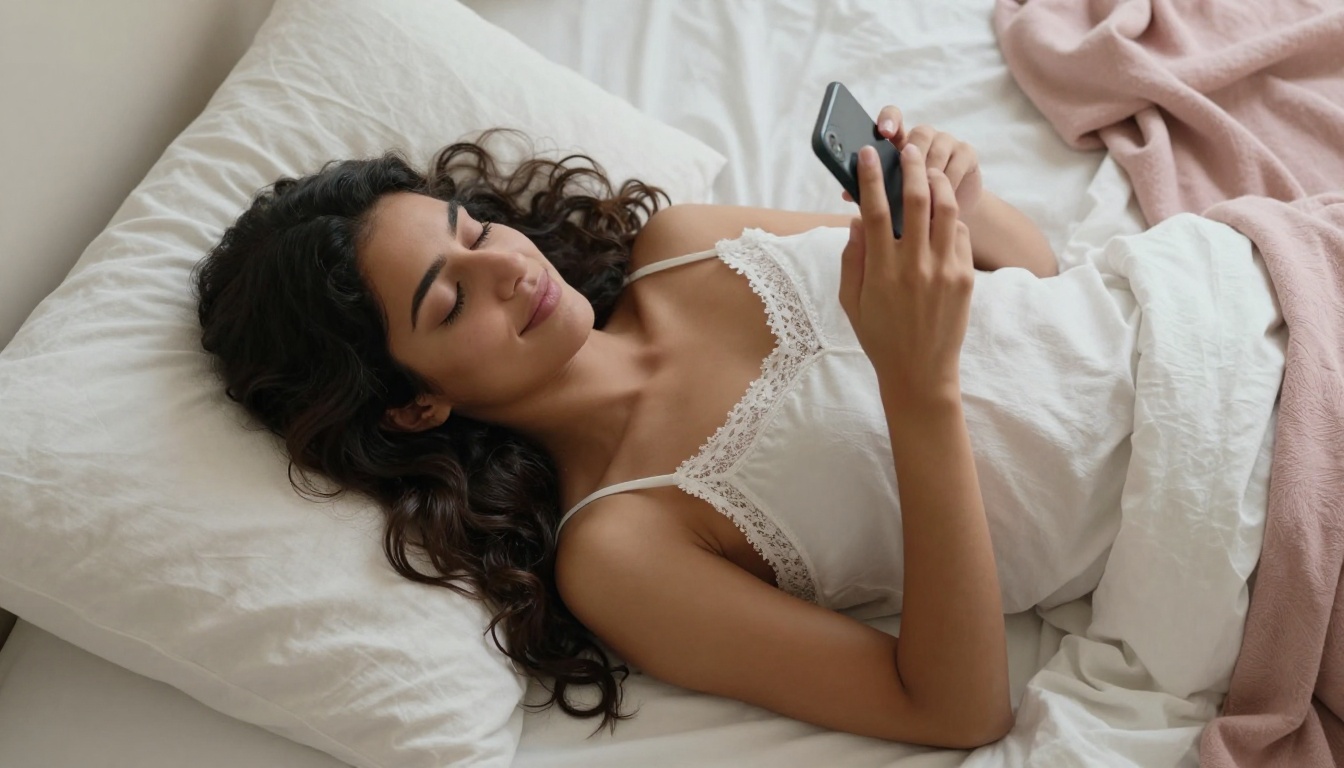 A beautiful Middle Eastern woman with long dark wavy hair lying peacefully on white linen, eyes closed with a serene smile, phone resting on her chest as if she just finished the most comforting conversation