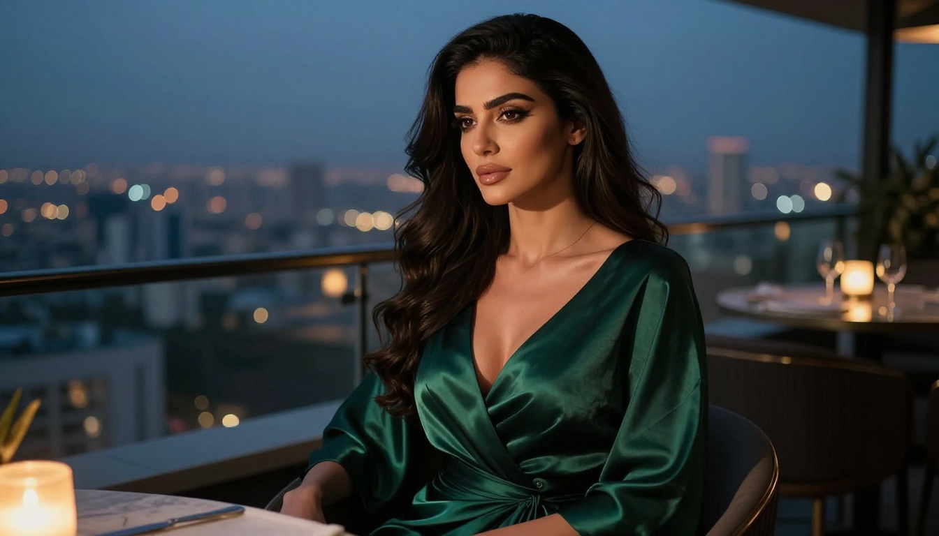 Middle Eastern woman in a luxurious emerald evening gown at a rooftop bar at dusk, city lights glowing softly behind her