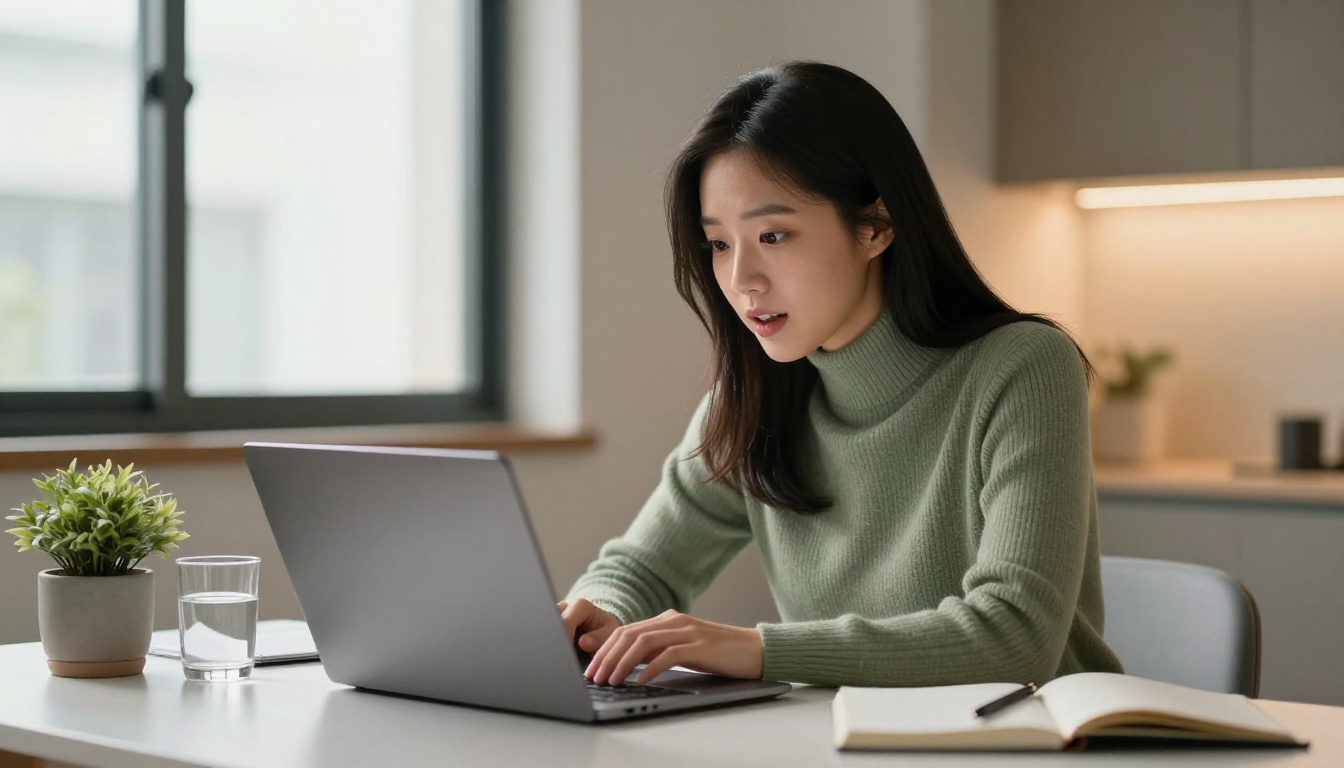 A young Korean woman in a sage green ribbed turtleneck leaning forward toward a laptop screen with warm curious focus, cool daylight from the left and warm lamp fill from the right