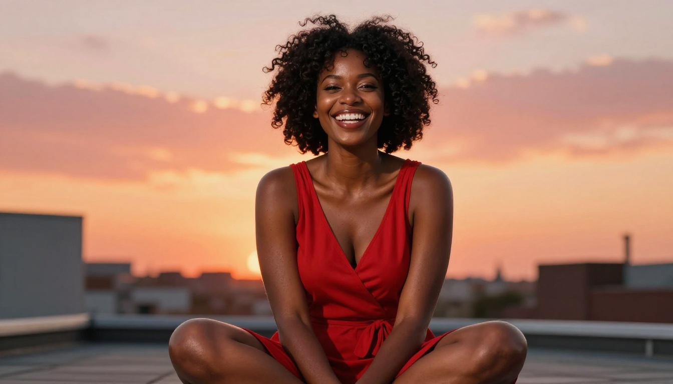 African woman with voluminous natural updo and radiant skin in a red wrap dress, rooftop terrace, golden sunset rim lighting creating a warm halo