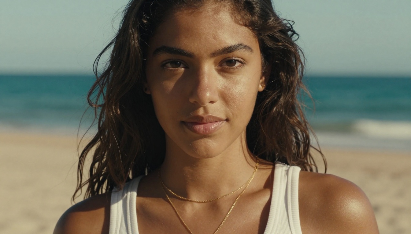 A beautiful young Brazilian woman with golden-brown skin and loose beach-wave hair looking directly at the camera with a warm knowing half-smile, turquoise ocean background softly blurred behind her