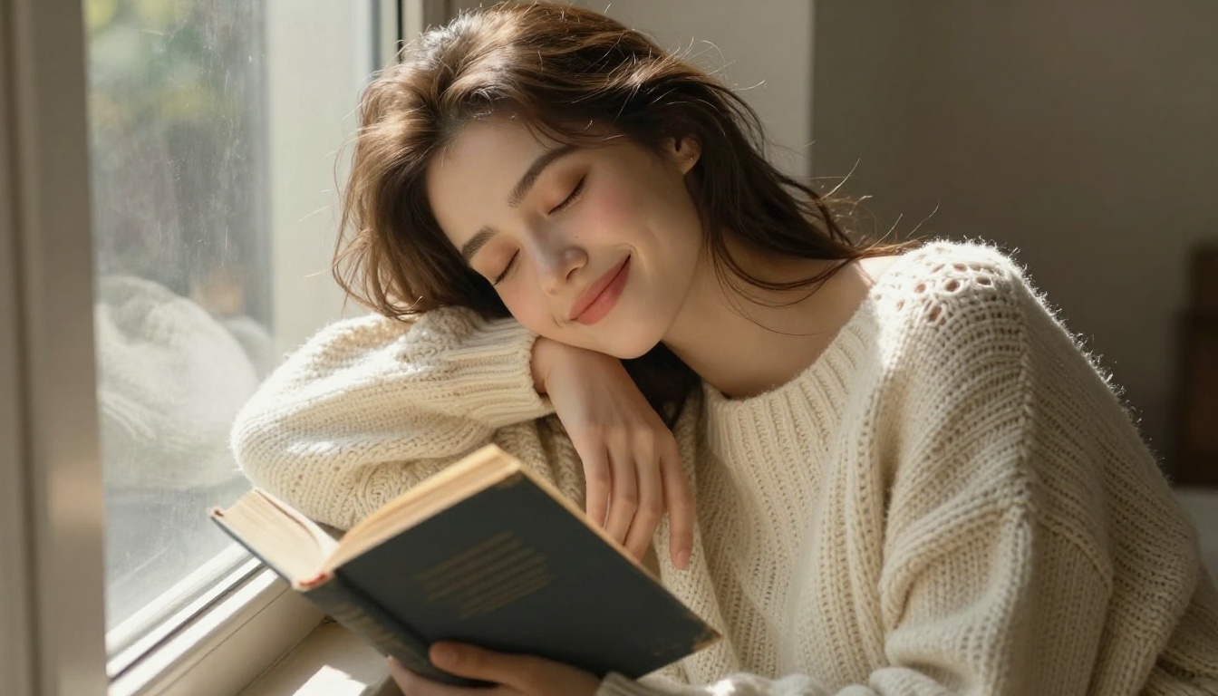 Young woman in a cream chunky knit sweater leaning against a sunlit window, eyes closed, peaceful blissful smile, warm afternoon light, deeply intimate romantic mood
