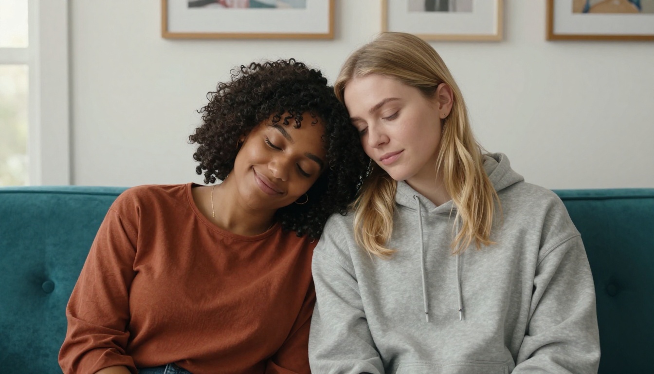Two women sitting together on a teal velvet couch, one with dark curly hair leaning her head on the other's shoulder with eyes closed in peaceful content, the other looking down with quiet protective warmth