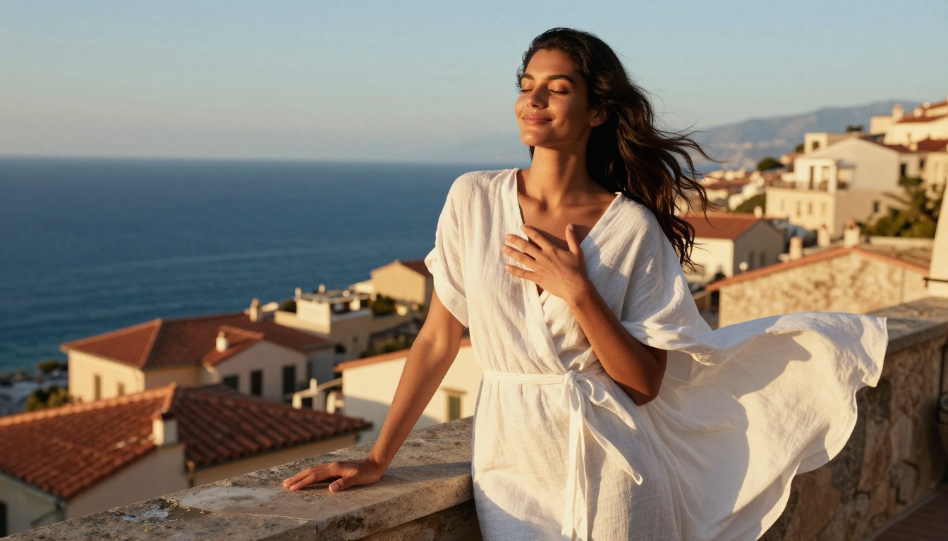 A striking young Italian woman in a flowing white linen dress standing on a sunlit Mediterranean terrace, eyes closed and phone held to her heart, a blissful satisfied expression on her face