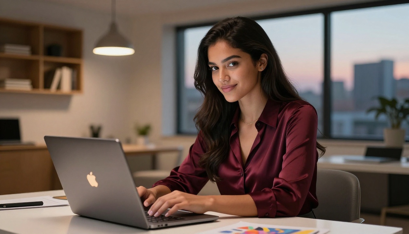 A confident Latina woman at a modern desk with a laptop displaying AI-generated art, representing the seamless experience of AI image creation tools
