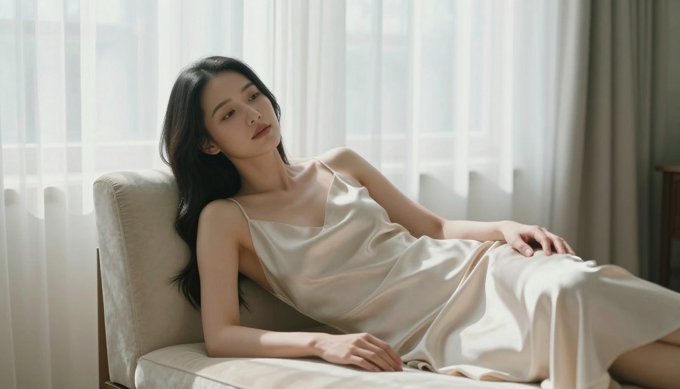 Beautiful Asian woman in a champagne silk dress reclining on a chaise lounge in soft morning light, illustrating the intimate photorealistic quality achievable with AI