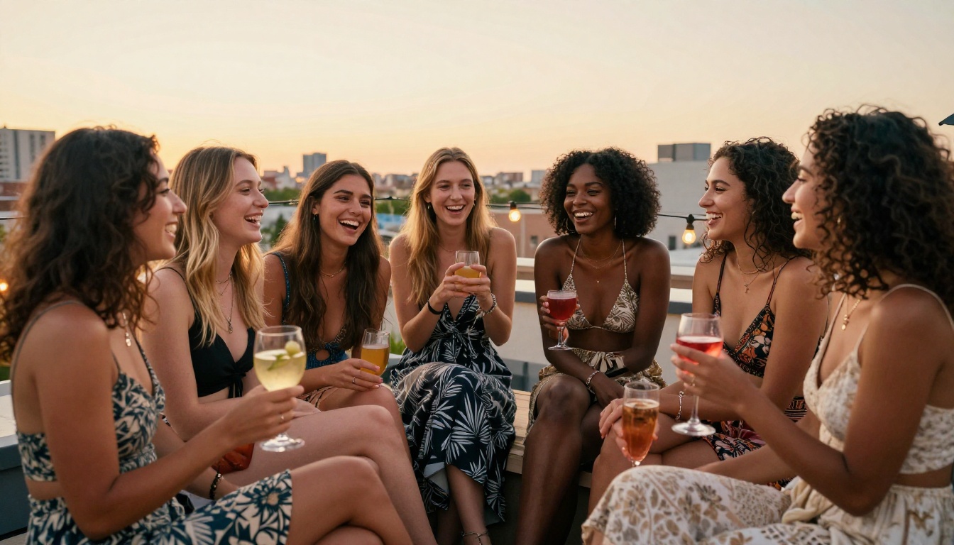 Diverse group of beautiful women at a rooftop golden hour party, representing the wide variety of AI companion characters available on Private Crush