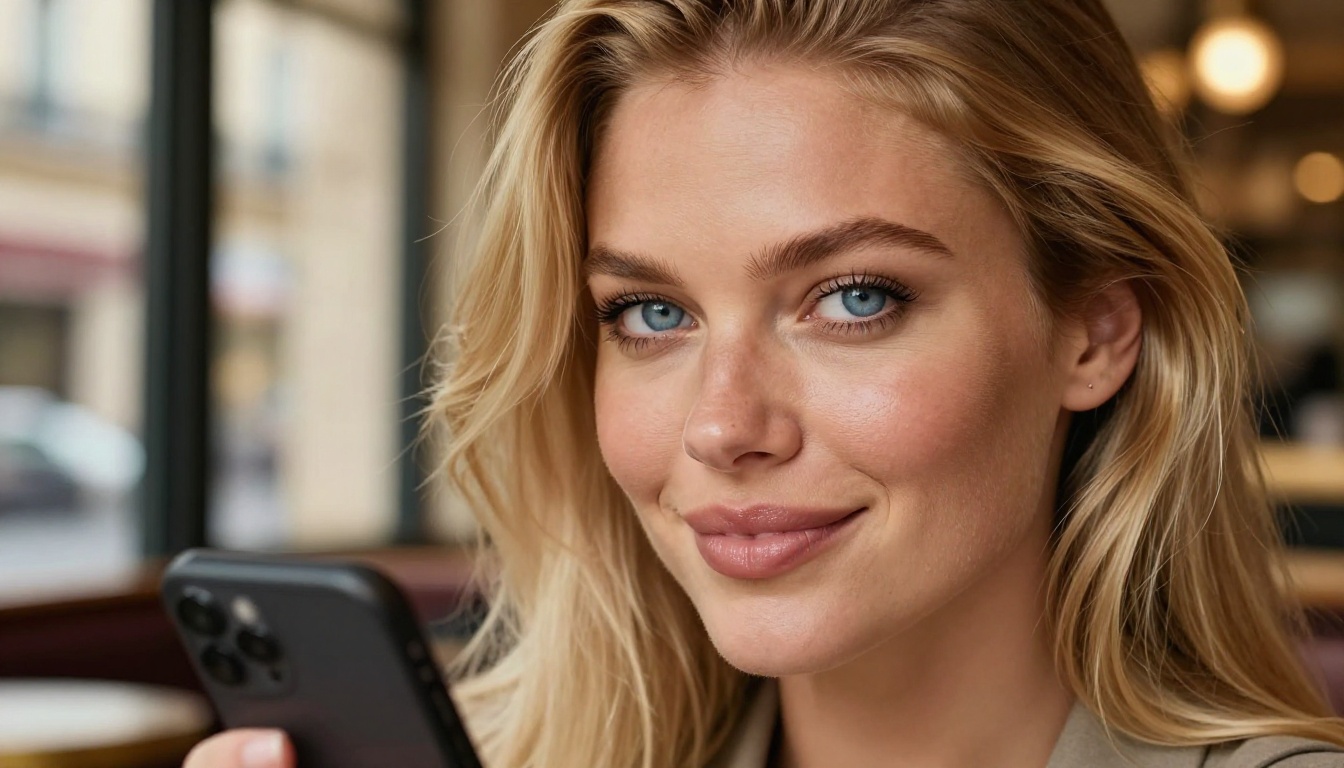 Close-up portrait of a European woman with piercing blue eyes and a smartphone, showing the high detail achievable with modern NSFW AI image generators