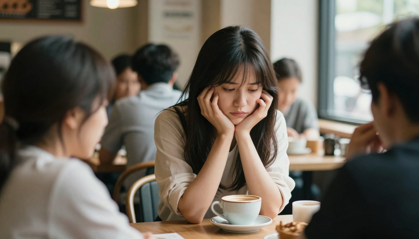Woman sitting alone in a busy cafe, anxious and isolated