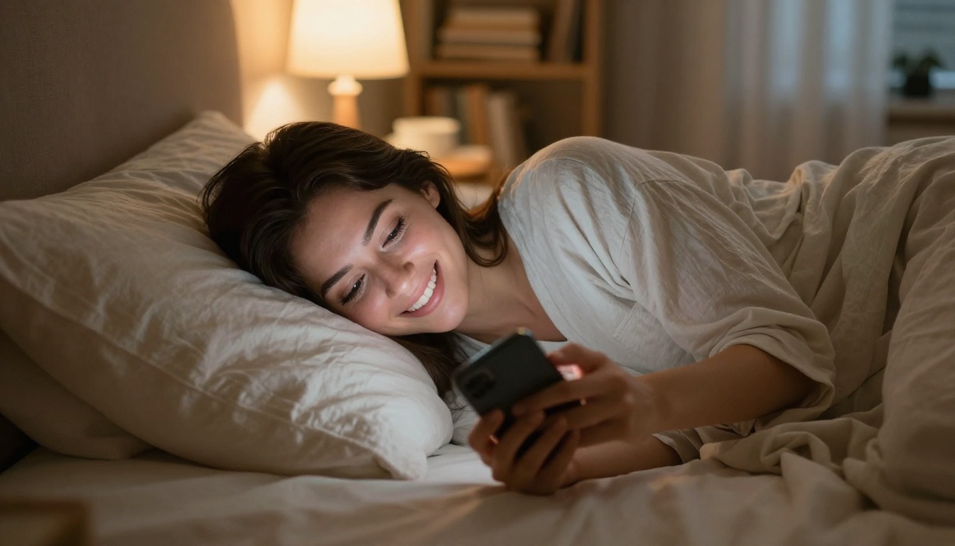 Beautiful woman lying on bed smiling at her phone late at night