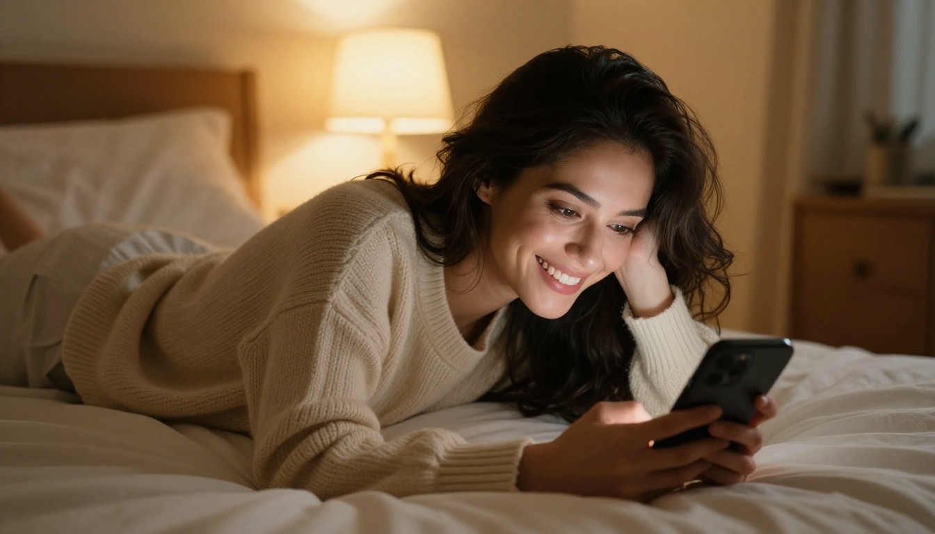 Woman smiling warmly at her phone while lying comfortably at home