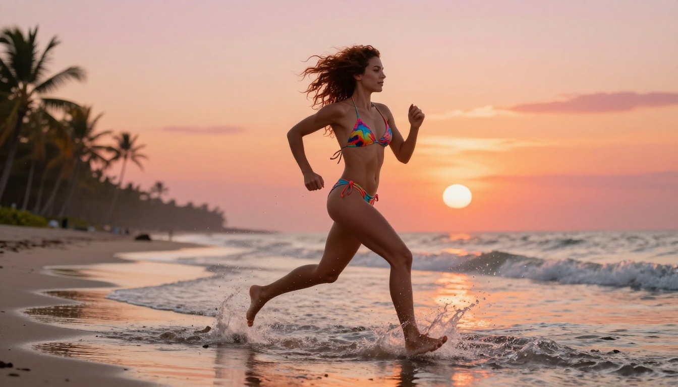 Athletic woman with auburn hair splashing through tropical beach water at sunrise, representing the freedom and energy of unrestricted AI image creation