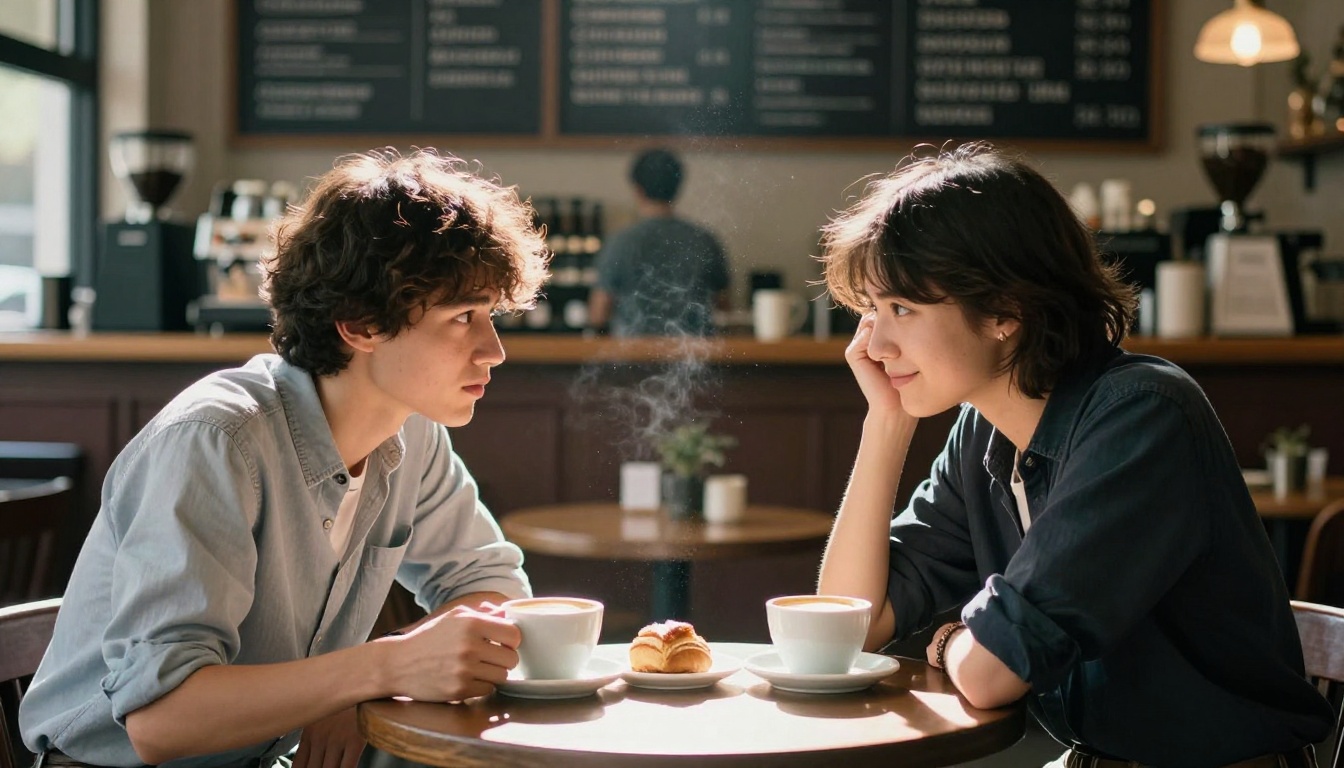 Two young people on a nervous first date at a coffee shop