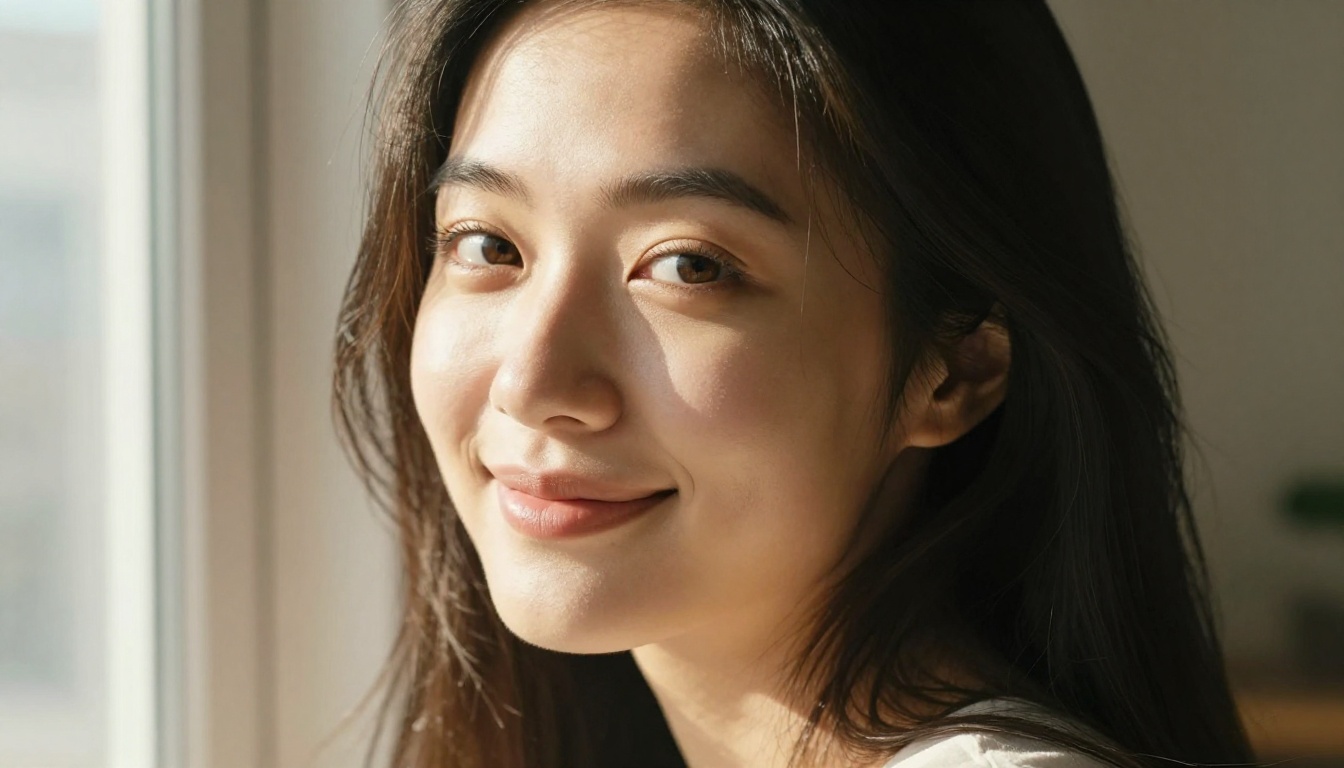 Portrait of an Asian woman with warm eyes and a genuine smile in natural light