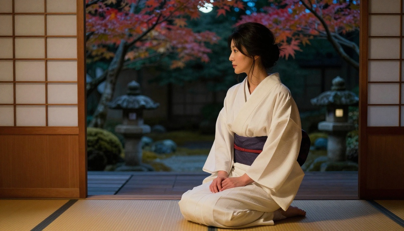 Sophisticated Japanese woman in a white yukata robe in a moonlit ryokan setting, representing the diverse cultural aesthetics available for AI companion imagery