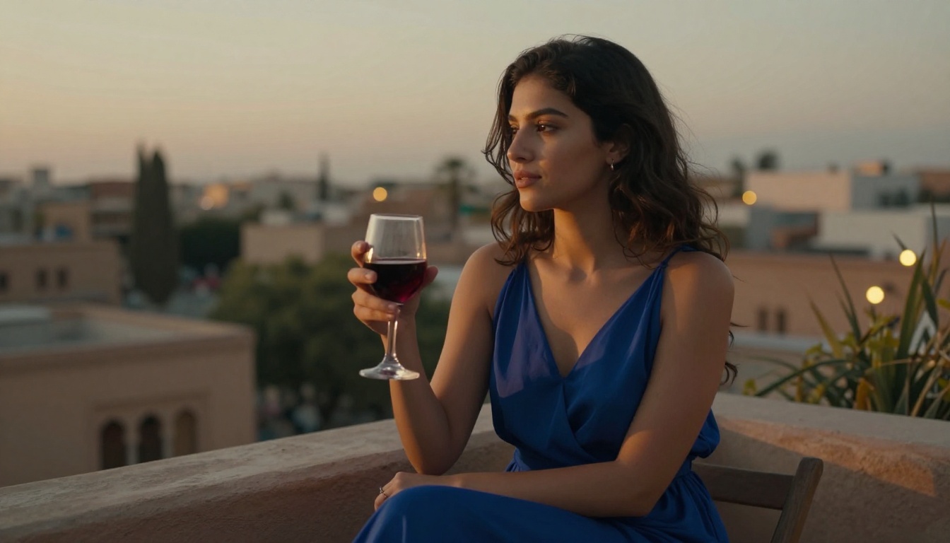 A beautiful woman on a Moroccan terrace at golden hour, contemplative and elegant