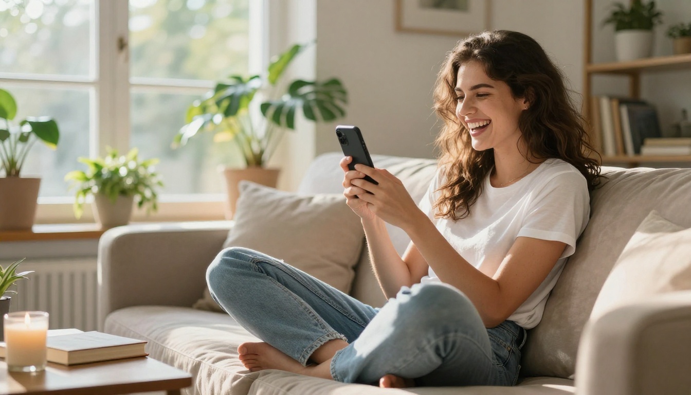 Woman laughing freely on her couch looking at her phone