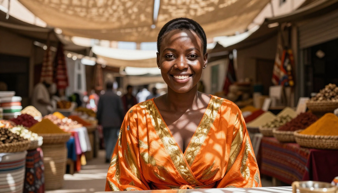 Beautiful African woman in vibrant orange and gold dress at a Moroccan market, celebrating the diversity of characters and cultural aesthetics on Private Crush