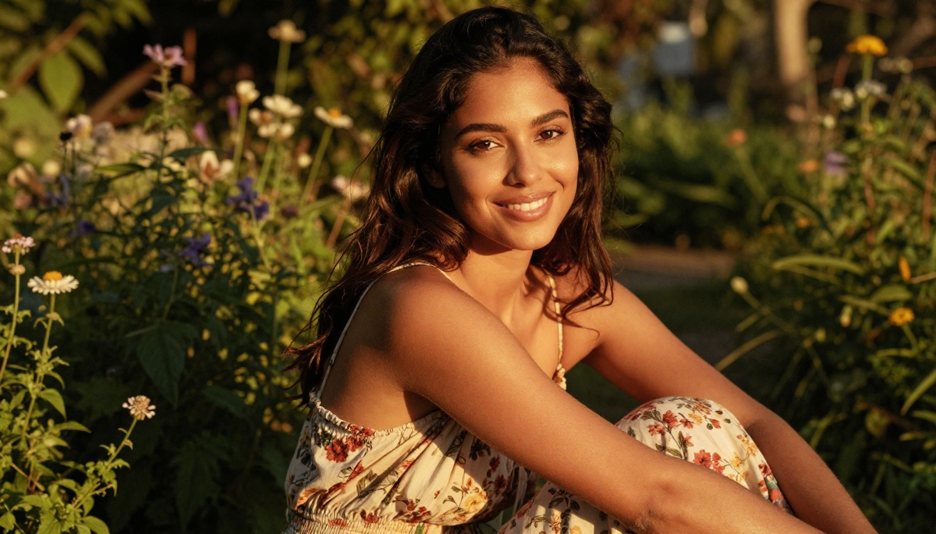 Latina woman with radiant confidence sitting in a golden hour garden