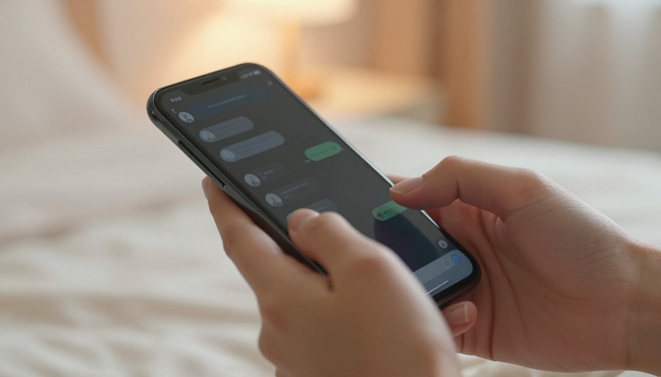 Close-up of feminine hands holding a phone with chat messages on screen
