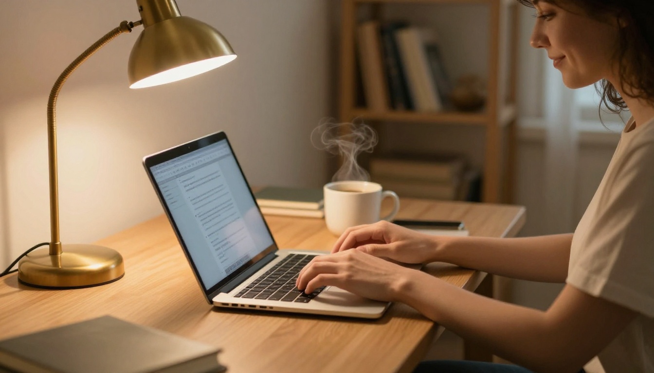 Person relaxed at home desk, typing comfortably in warm lamplight