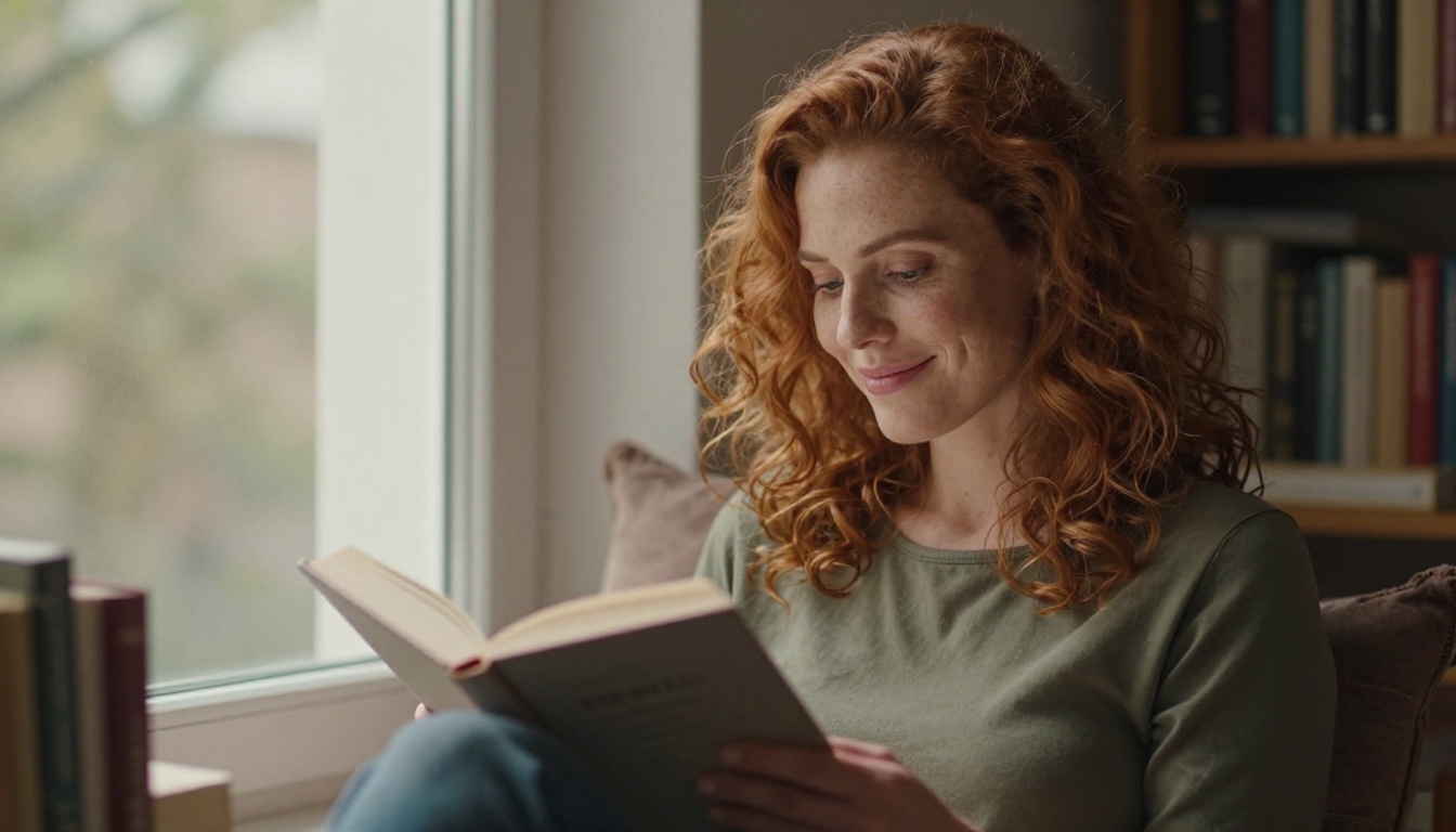 European woman with auburn hair peacefully reading in a cozy nook