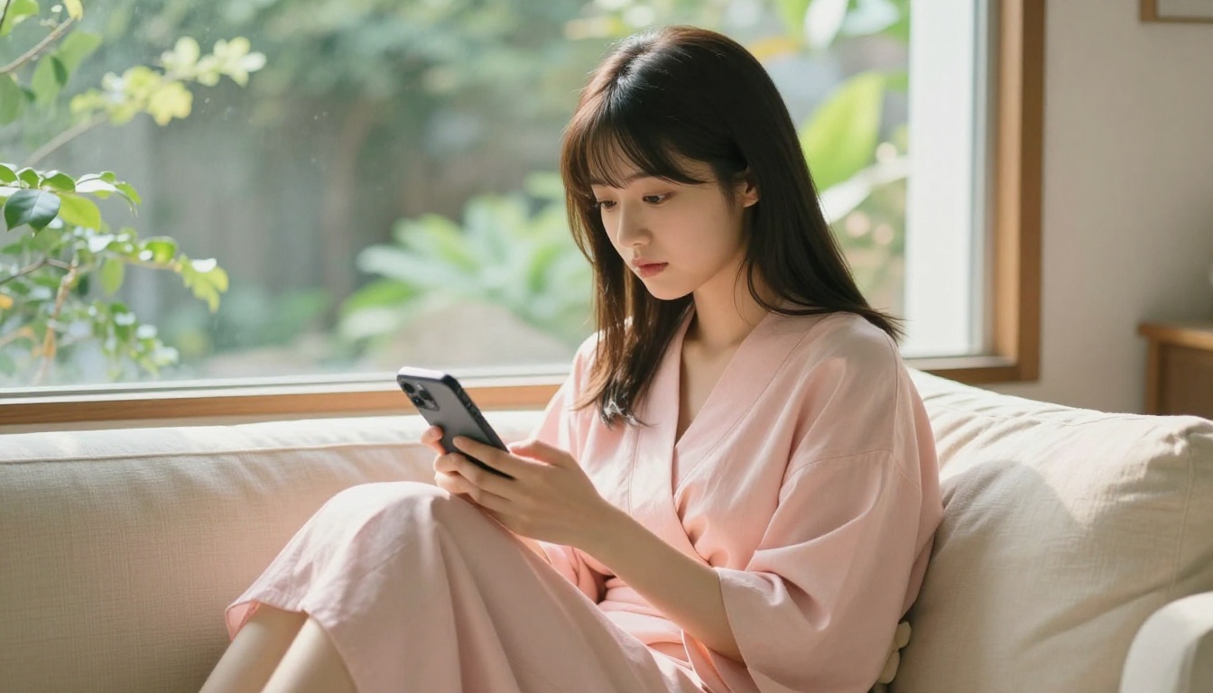 A beautiful Japanese woman absorbed in her AI companion experience by a sunlit window
