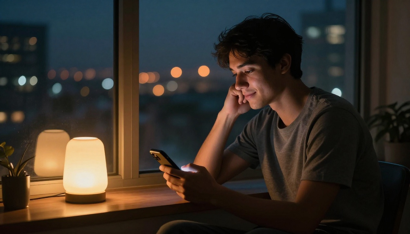Young man sitting alone at night by a window looking at his phone with a hopeful expression