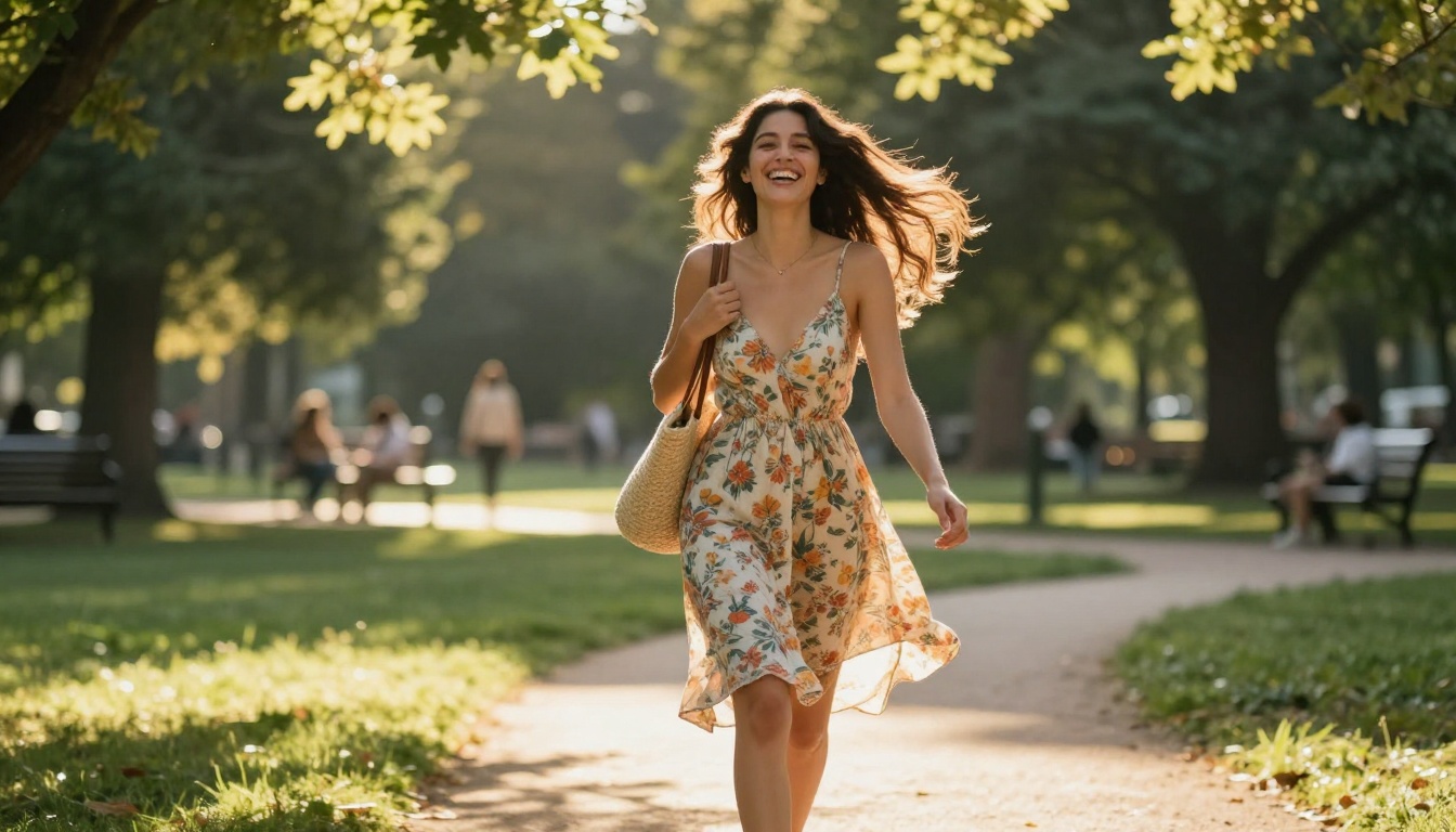 Beautiful Latina woman walking through a sunlit park laughing freely in golden afternoon light