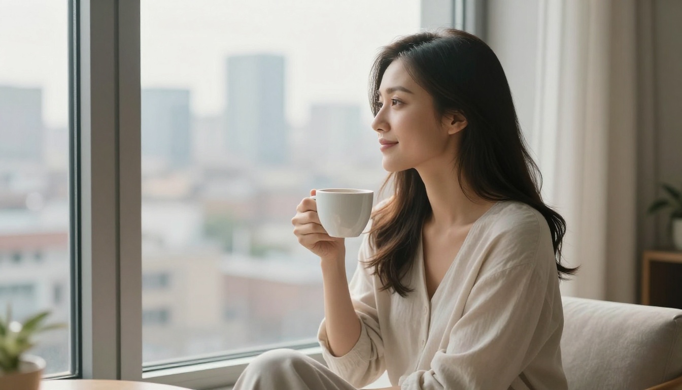 Woman sitting peacefully at a window with coffee, looking out at the city