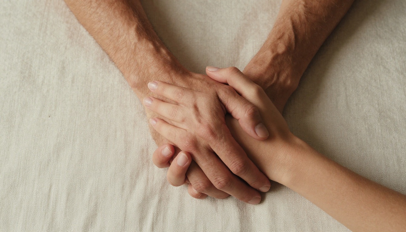 Two hands intertwined on linen, representing genuine connection and intimacy