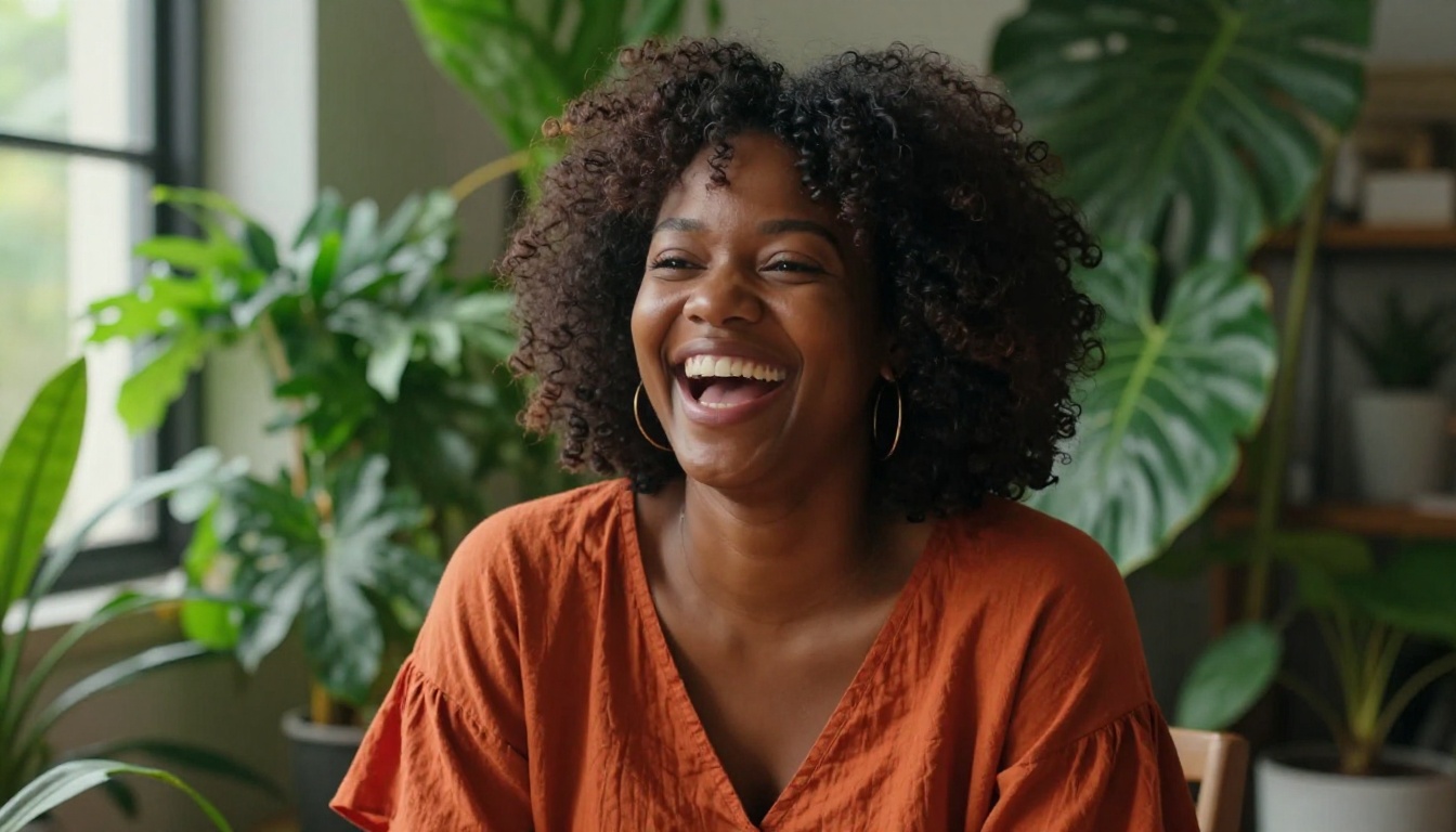 Black woman laughing freely with full genuine joy among lush green plants