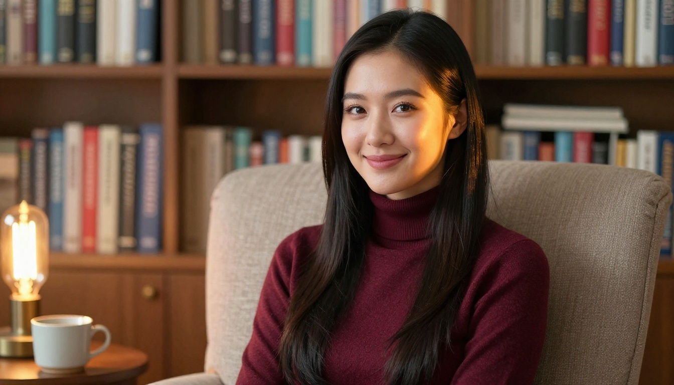 Beautiful Asian woman sitting contentedly in a cozy home library armchair with a warm smile